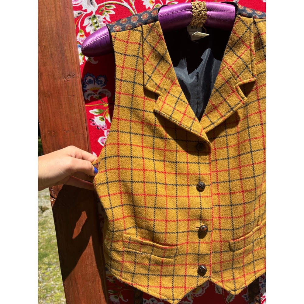 Vintage Gap Mustard Yellow Plaid Wool Blend Retro Equestrian Vest Women's Size M - Picture 10 of 16
